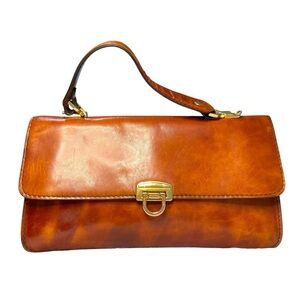 Vintage Elegant Brown Leather Handbag Gold Tone Metal Latch Hardware Purse
